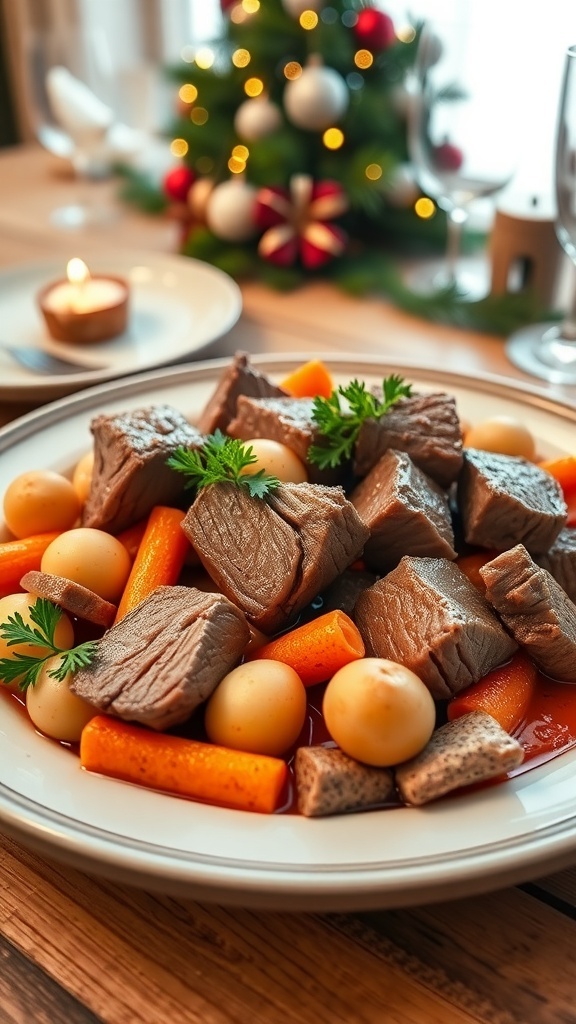 A festive venado dish with deer meat, carrots, and potatoes, garnished with parsley, set on a Christmas-themed table.